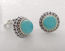 Classy Retro Button Style Clip On Earrings, Faux Turquoise Gems