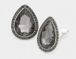 Teardrop Black Crystal Clip On Earrings with Pave