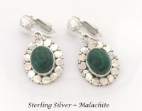 Classic Clip On Earrings, Sterling Silver with Malachite Gems