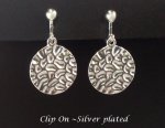 Fashion Clip-On Earrings, Silver Plated Hammered Finish