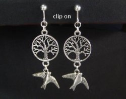 Fashion Clip On Earrings Tree of Life with Bird, Tibetan Silver