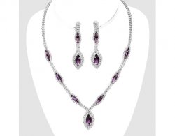 Set, Purple Crystal Clip On Earrings & Necklace, Evening, Bridal