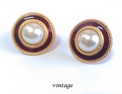 Vintage Clip On Earrings Large Gold & Burgundy with Pearl