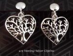 Sterling Silver Clip On Earrings, Tree of Life, Heart Shape