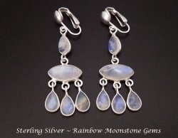 Sterling Silver Clip On Chandelier Earrings, Rainbow Moonstones