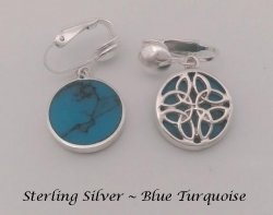 Clip On Earrings, Celtic Knot, Sterling Silver, Blue Turquoise