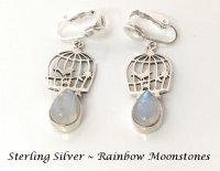 Birdcage Sterling Silver Clip On Earrings with Moonstone Gems