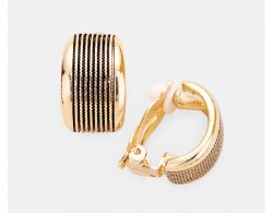 Stylish Gold Half Hoop Clip-On Earrings, Black Embossed Design