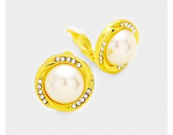 Pearl Clip On Earrings Gold with Dazzling Crystals