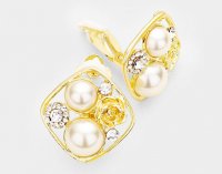 Spectacular Clip On Pearl Earrings Gold with Dazzling Crystals