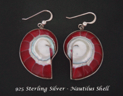 Sterling Silver Earrings in Nautilus Shell Design, Red & White