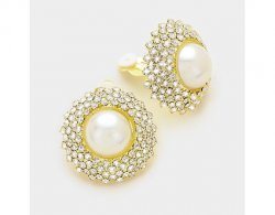 Large Glamorous Pearl Clip On Earrings with Dazzling Crystals