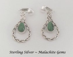 Sterling Silver Dangle Clip On Earrings with Malachite Gems