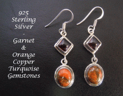 Sterling Silver Earrings with Garnet and Orange Copper Turquoise