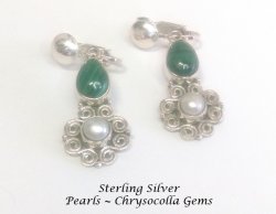Sterling Silver Clip On Earrings with Pearl and Chrysocolla Gems