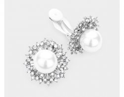 Pearl Clip On Earrings with Fabulous Crystals on Silver Base