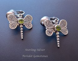 Sterling Silver Dragonfly Clip-on Earrings with Peridot Gemstone