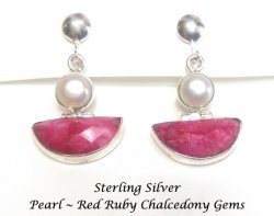 Sterling Silver Clip Earrings, Red Ruby Chalcedony & Pearl