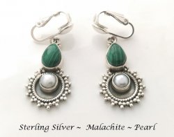 Clip On Pearl Earrings with Malachite Gems, Sterling Silver
