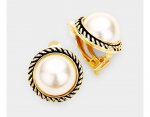 Classic Pearl Clip On Earrings with Gold Retro Rope Border