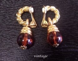 Gold Authentic Vintage Clip On Earrings with Faux Amber