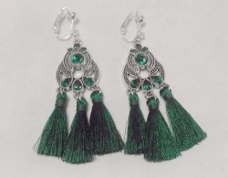 Tassel Clip On Earrings Emerald Green Tassels and Crystals