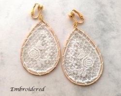 White Embroidered Teardrop Gold Drop Clip On Earrings