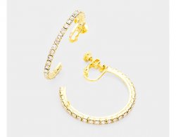 Gold Open Clip On Hoop Earrings, Crystals, Screwback
