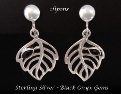 Classy Clip On Earrings, Sterling Silver with Black Onyx Gems