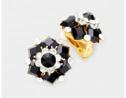 Stone Cluster Clip On Earrings Black and Clear Crystals
