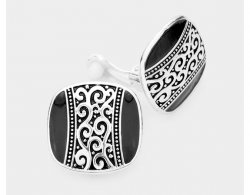 Antique Style Square Shape Silver and Black Clip On Earrings