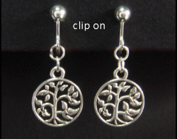 Costume Clip On Earrings, Tree of Life, Silver Plated Earrings