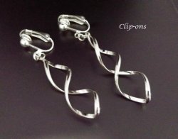 Fashion Clip On Earrings, Silver Twist Design, Long Drop