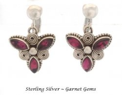 Clip On Earrings, Sterling Silver, Garnet Gemstones, Unique
