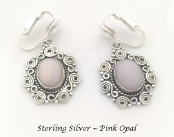 Dangle Clip On Earrings, Pink Opal in Sterling Silver | Dazzlers