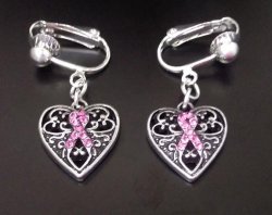Dazzlers Clip On Earrings with Pink Ribbon, Antique Style