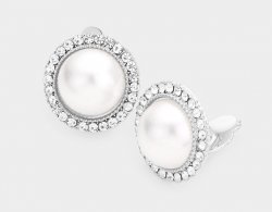 Fabulous Silver Clip On Pearl Earrings with Rhinestone Pave