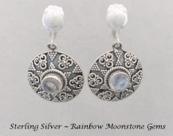 Sterling Silver Clip On Earrings with Rainbow Moonstone Gems