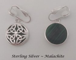 Petite Clip-on Earrings, Sterling Silver with Malachite, Celtic
