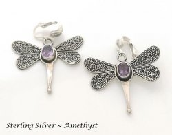 Dragonfly Clip-on Earrings with Amethyst Gemstones, Dazzlers