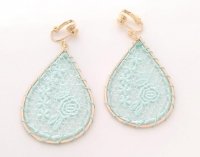 Large Gold Drop Clip On Earrings Aqua Embroidered | Dazzlers