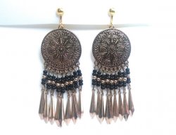 Aztec Design Clip On Gold Earrings with Dangling Spears Stunning