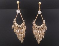 Clip On Earrings Chandelier, Gold with CZ & Champagne Crystals