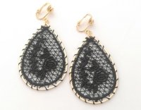 Black Embroidered Dangle Clip On Earrings, Gold, by Dazzlers