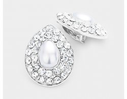 Pearl Clip On Earrings in Silver with Shimmering Crystal Pave