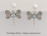 Dragonfly Clip-on with Blue Topaz Gemstones - Sterling Silver