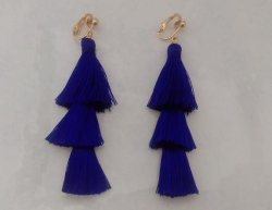 Clip-on Tassel Earrings Long Drop Royal Blue Cotton