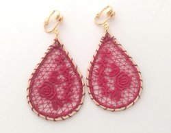 Large Clip On Dangle Earrings Embroidered Rich Maroon