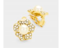 Gorgeous Pearl Clip On Earrings Gold Flower Design with Crystals