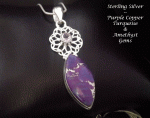 Pendant,Sterling Silver,Purple Copper Turquoise & Amethyst Gems